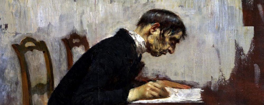 Lo scrivano, olio di Giacomo Favretto (Venezia 1849-1887)