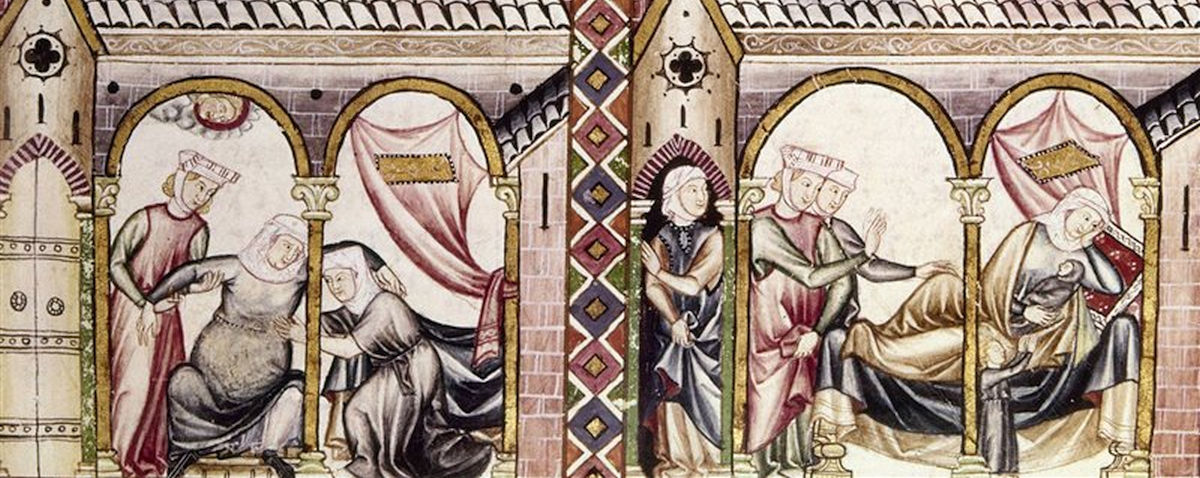 Miniatura medievale XIII secolo con scena di donna partoriente https://www.storicang.it/
