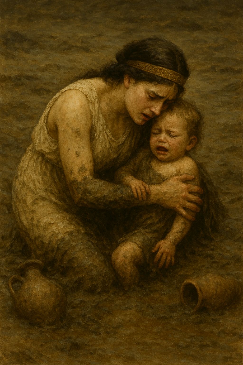donna e bambino sepolti dal fango
