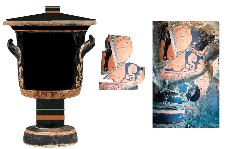 Ricostruzione del cratere con decorazioni ritrovato in localià Cappasanta Ricostruzione del cratere con decorazioni ritrovato in localià Cappasanta