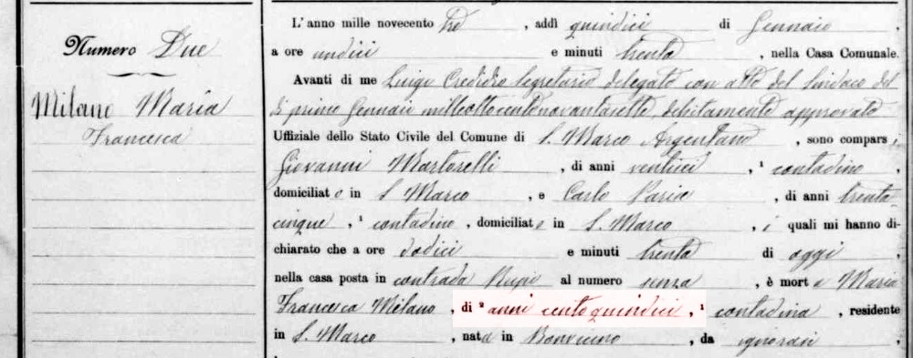 Atto di morte di Francesca Milano di anni 115
