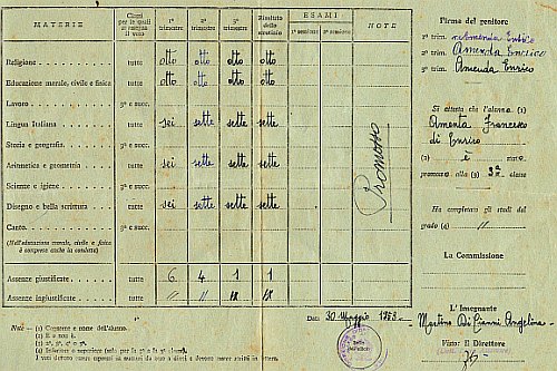 Pagella della classe seconda 1953